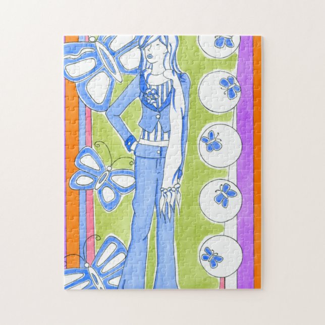 Blaue Schmetterlinge rund um das glamouröse Mädche Puzzle (Vertikal)