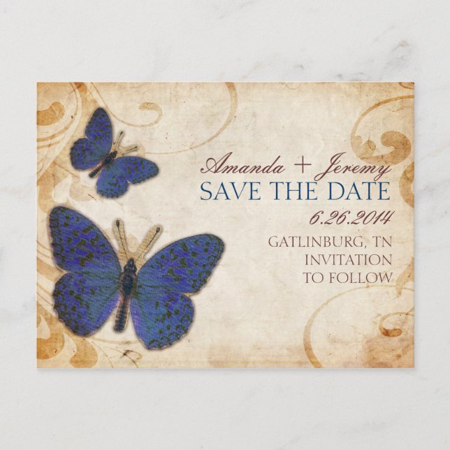 Blaue Schmetterlinge Save the Date Vintag Ankündigungspostkarte (Vorderseite)