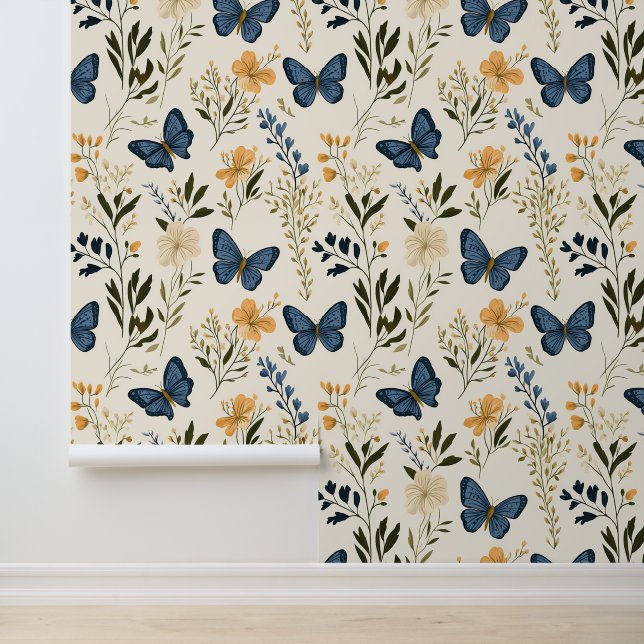 Blaue Schmetterlinge und Grünpflanzen Tapete (Anwendung)