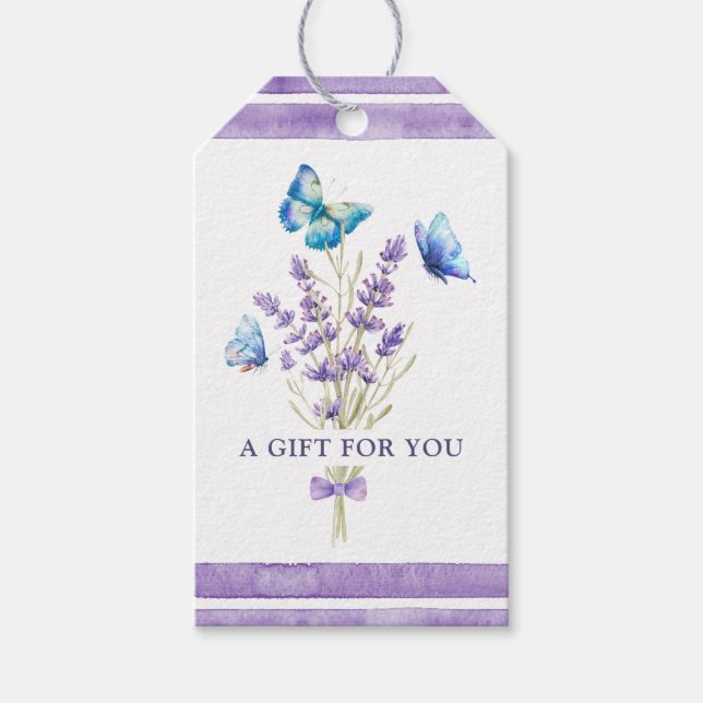 Blaue Schmetterlinge und Lavendelmarke Geschenkanhänger (Vorderseite)