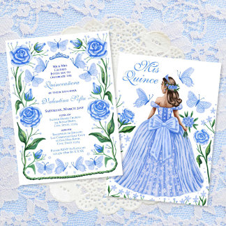Blaue Schmetterlinge und Rose Prinzessin Quinceane Einladung
