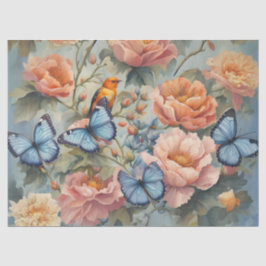 Blaue Schmetterlinge und Vögel im Blumengarten Seidenpapier