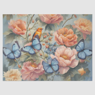 Blaue Schmetterlinge und Vögel im Blumengarten Seidenpapier