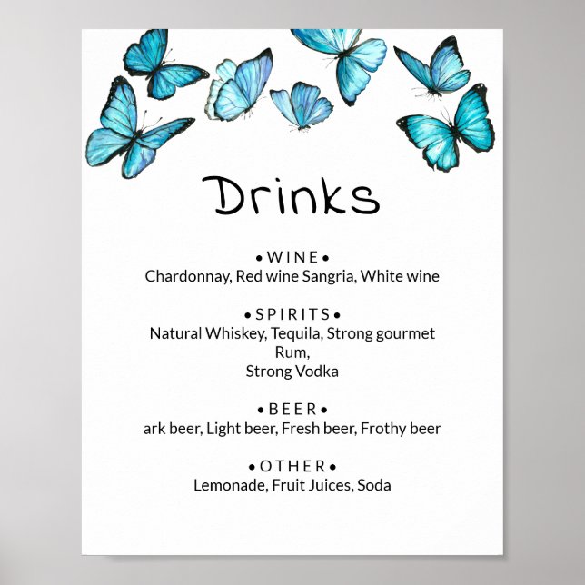 Blaue Schmetterlinge. Whimsical Wedding Drinks Men Poster (Vorne)