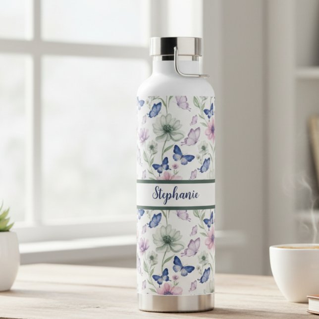 Blaue Schmetterlings-Blumenflasche – Geschenk aus  Trinkflasche (Butterfly floral water bottle)