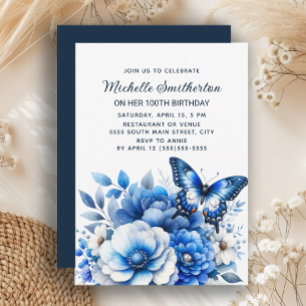 Blaue Schmetterlingsblumen Elegant 100. Geburtstag Einladung