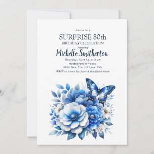 Blaue Schmetterlingsblumen überraschen zum 80. Geb Einladung
