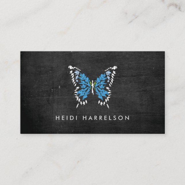 Blaue Schmetterlingslogos auf schwarzem Holz Visitenkarte (Vorderseite)