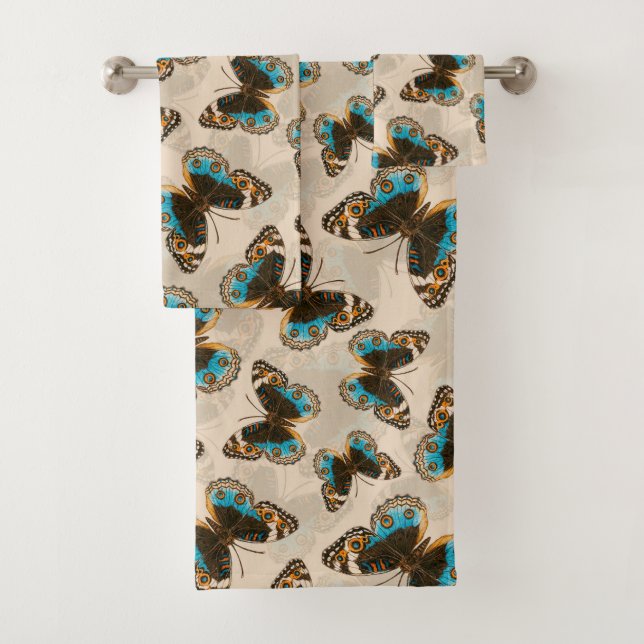 Blaue Schmetterlingsmuster auf weißem Boden Badhandtuch Set (Insitu)