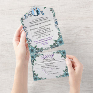 Blaue Schmuck Blumen Hochzeit Alles in Einem Einla All In One Einladung