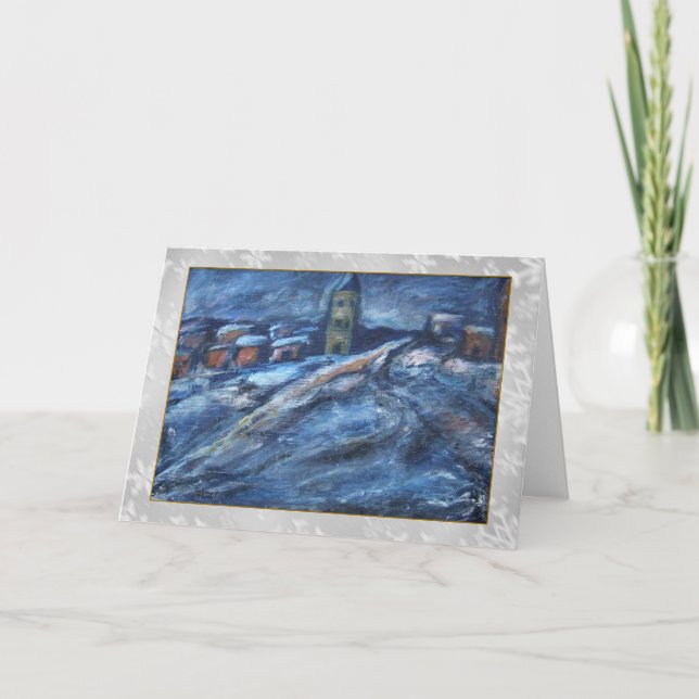Blaue Schnee-Stadt-Kunst-Karte Feiertagskarte (Vorderseite)