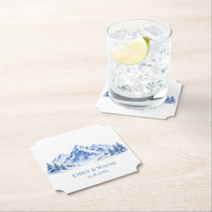 Blaue schneebedeckte Wasserfarben-Berge Hochzeit Untersetzer