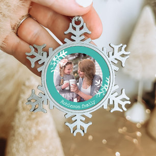 Blaue Schneeflocke mit individuellem Foto-Monogram Schneeflocken Zinn-Ornament