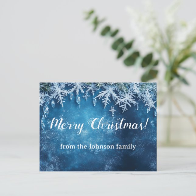 Blaue Schneeflocke und eisweihnachtliche Gestaltun Postkarte (Stehend Vorderseite)