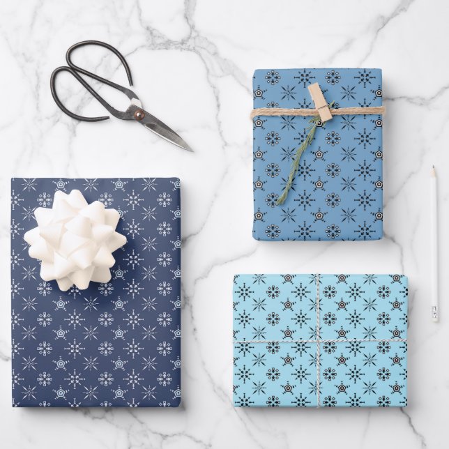 Blaue Schneeflocken Design-Wrapper Geschenkpapier Set (Vorderseite)