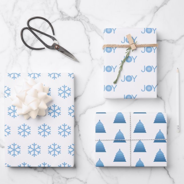 Blaue Schneeflocken, Freude und Weihnachtsbaummust Geschenkpapier Set (Vorderseite)