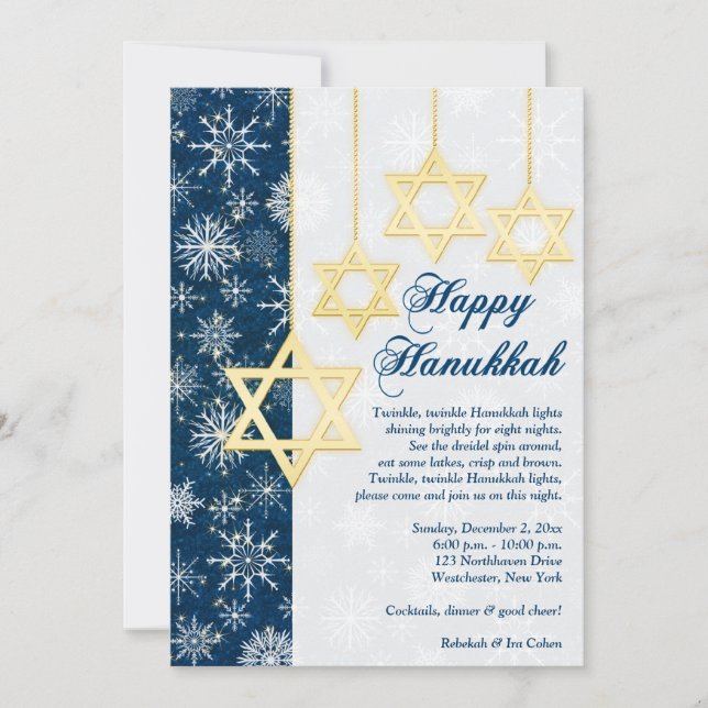 Blaue Schneeflocken Hanukkah-Party Einladung (Vorderseite)