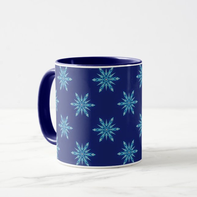 Blaue Schneeflocken Kunst Tasse (Vorderseite Links)