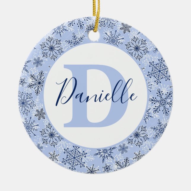 Blaue Schneeflocken personalisiert Keramik Ornament (Vorne)