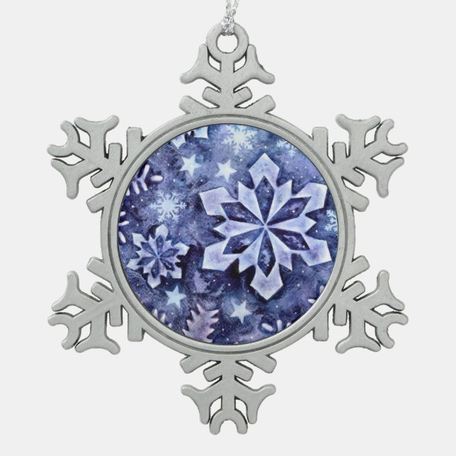 Blaue Schneeflocken Schneeflocken Zinn-Ornament (Vorderseite)