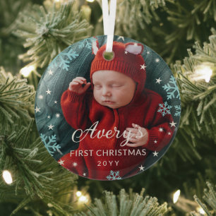 Blaue Schneeflocken & Sterne Baby's 1. Weihnachten Ornament Aus Glas