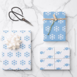 Blaue Schneeflocken und fröhliches Weihnachtsmuste Geschenkpapier Set