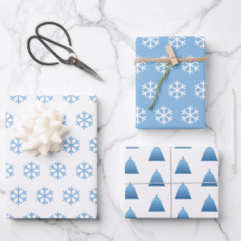 Blaue Schneeflocken und Weihnachtsbaummuster Geschenkpapier Set