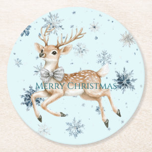 Blaue Schneeflocken Weihnachtshirsch mit Bogen Runder Pappuntersetzer