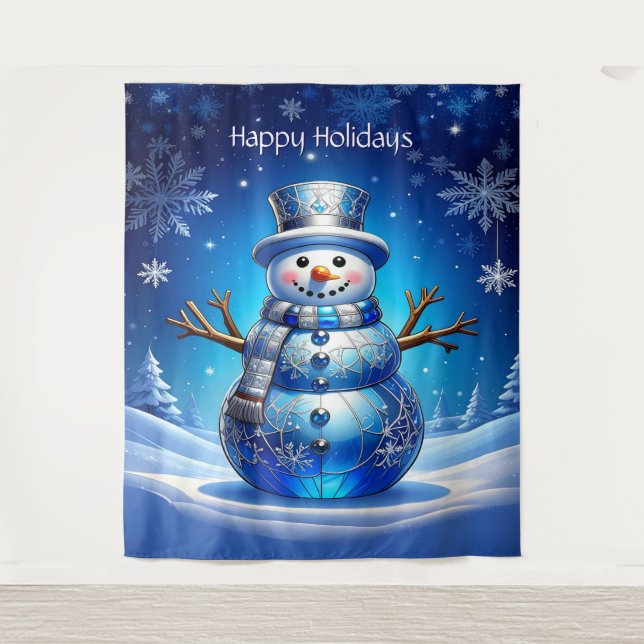 Blaue Schneemann-Schneeflocken-Feiertags-Hintergru Wandteppich (Vorderseite)