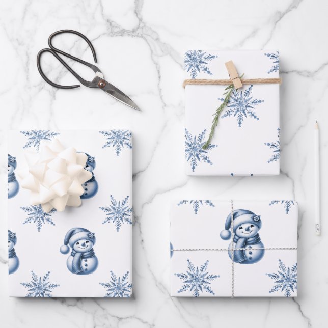 Blaue Schneemänner Weihnachten  Geschenkpapier Set (Vorderseite)