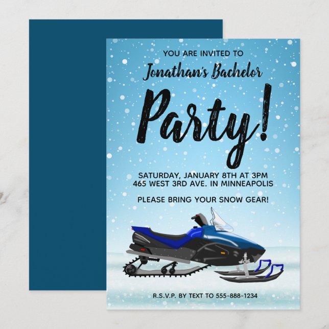 Blaue Schneemobil Winter Bachelor Party Einladung (Vorne/Hinten)