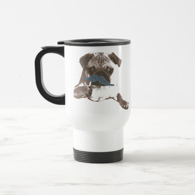 Blaue Schnurrbart-Mops-Tasse Reisebecher (Links)