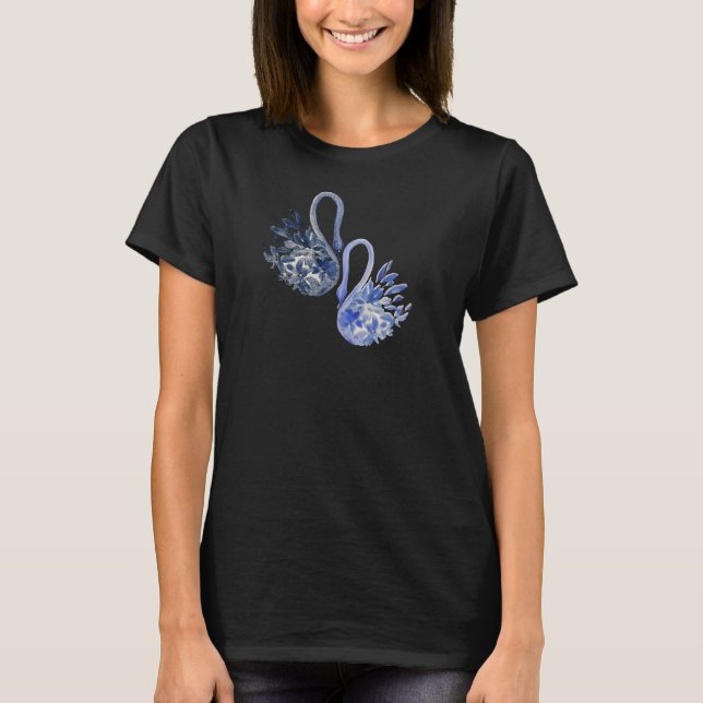 Blaue Schwäne Wasserfarbe T-Shirt (Vorderseite)