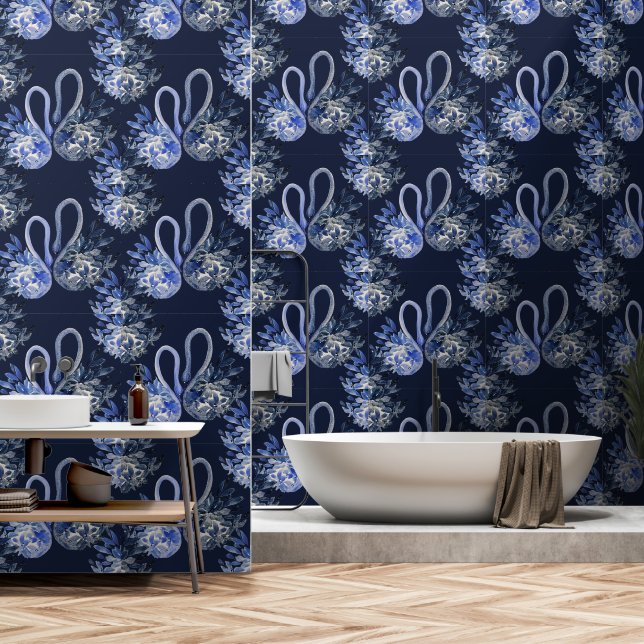 Blaue Schwäne Wasserfarben Handgemalt Tapete (Badezimmer)