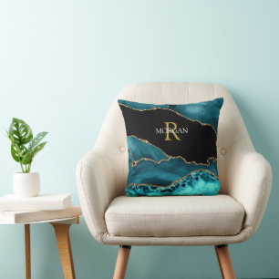 Blaue Schwarz-Gold-Achat, Weißer Name Gold-Monogra Kissen