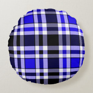 Blaue Schwarz-Weiß-Flanell-Tartan-Musterdesign Rundes Kissen