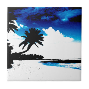 Blaue Schwarz-weiße Palme Silhouette Fliese