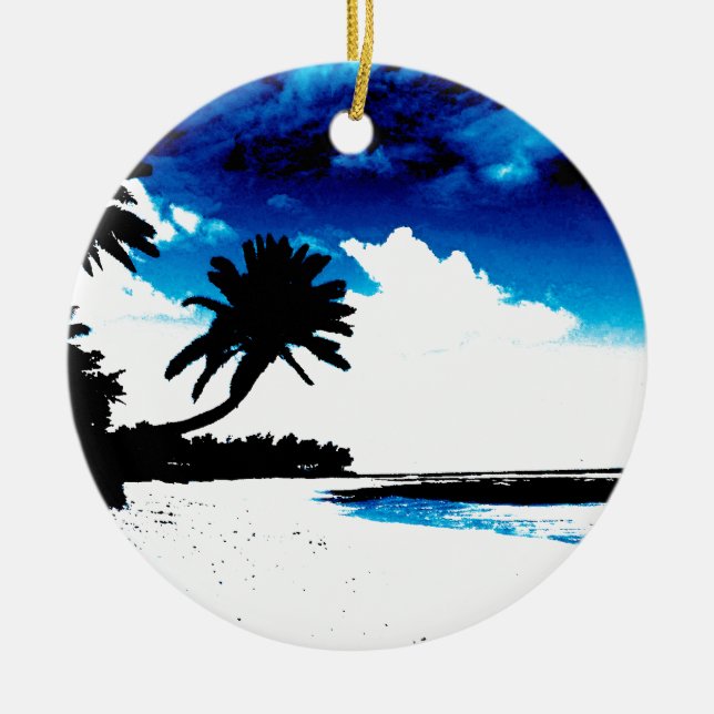 Blaue Schwarz-weiße Palme Silhouette Keramikornament (Vorne)