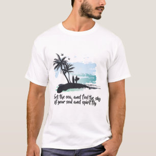 Blaue Schwarze Aquarell-Palme, Vogel Ozean Sommer T-Shirt