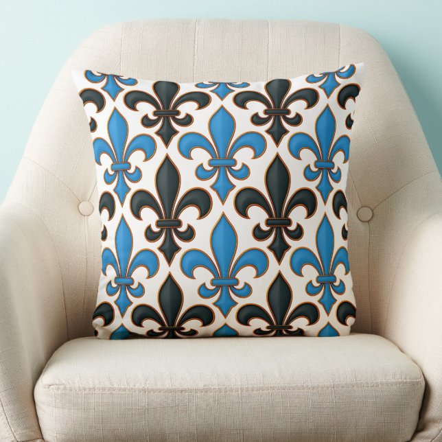 Blaue schwarze Barock-Fleur-de-lis-Musterdesign  Kissen (Von Creator hochgeladen)