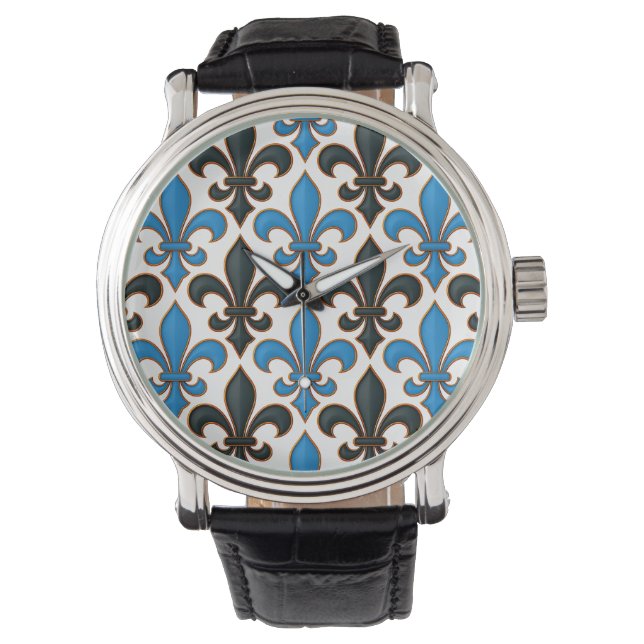 Blaue schwarze barocke Fleur-de-lis-Musterdesign  Armbanduhr (Vorderseite)