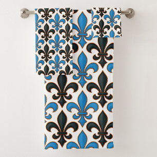 Blaue schwarze barocke Fleur-de-lis-Musterdesign Badhandtuch Set