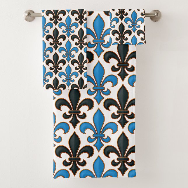 Blaue schwarze barocke Fleur-de-lis-Musterdesign  Badhandtuch Set (Von Creator hochgeladen)