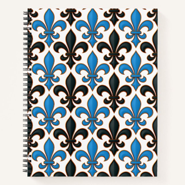 Blaue schwarze barocke Fleur-de-lis-Musterdesign  Notizbuch (Vorderseite)
