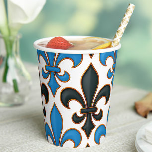 Blaue schwarze barocke Fleur-de-lis-Musterdesign Pappbecher