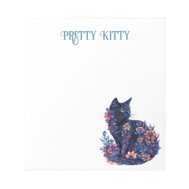 Blaue schwarze Katzenblumen hübsche Katze Notizblock (Vorderseite)