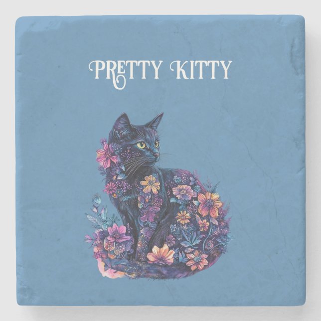 Blaue schwarze Katzenblumen hübsche Katze Steinuntersetzer (Vorderseite)