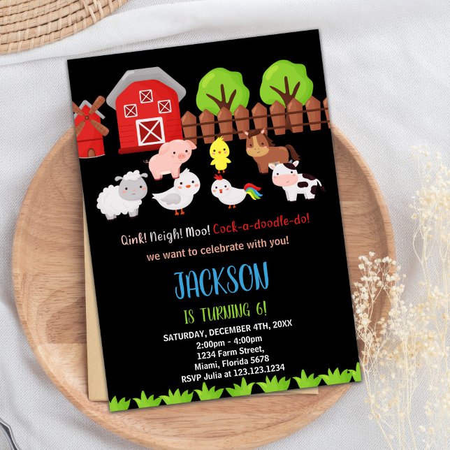 Blaue schwarze Landtiere Einladungen zum Geburtsta (Blue Black Red Farm Animals Birthday Invitations)