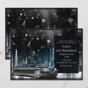Blaue & schwarze Limo Nacht in der Stadt Geburtsta Einladung