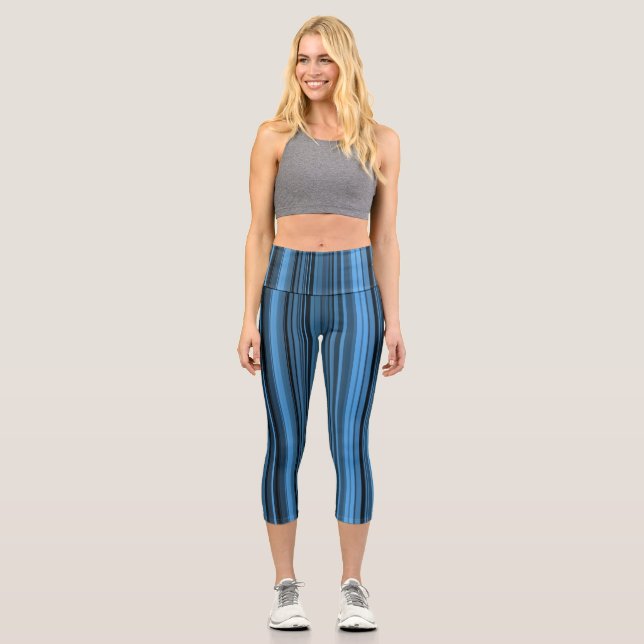 Blaue schwarze Streifen Capri Leggings (Vorderseite)